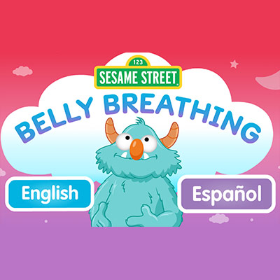 Rosita from Sesame Street in the center with two options on either side, English and Espanol, and Belly Breathing headline in the background