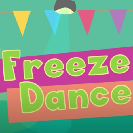 Freeze Dance written at the center in green and a bulb and paper decoration at the top