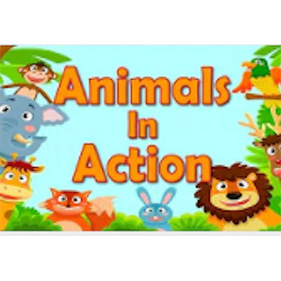 “Animals in Action” written on a blue background and animated animals on all the corners forming a frame