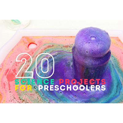 An object spilling liquid violet color in the background and "20 Science Projects For Preschoolers" written over it