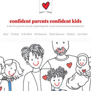 A sketch of a man holding an infant, a woman, a boy and a girl with “confident parents confident kids” written in the background