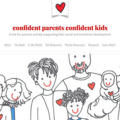 A sketch of a man holding an infant, a woman, a boy and a girl with “confident parents confident kids” written in the background