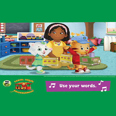 An animated girl playing with her toys and Daniel Tiger with the words "use your words" at the right bottom corner