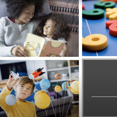 A child and a mother reading a book in the top image and a boy playing with toys in the bottom showing different methods of special education