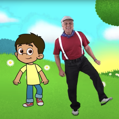 An Animated child and a real old man dancing, an image from the ‘Move with me’ video from The Learning Station