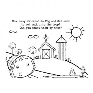 Sketch of a child and house and scenery on its back and “How many chickens do Peg and Cat need to get back into the coop?” written on the top