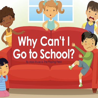 Five children sitting and standing around a red couch and “Why can’t I go to school?” written over the couch in white