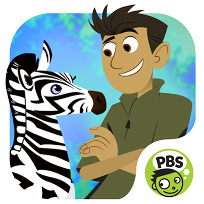 Chris Kratt from Wild Kratts talking to a zebra with a PBS logo on the right bottom corner