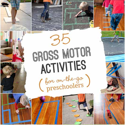 A twelve image collage and “35 Gross Motor ACtivities for on-the-go school goers” written in the center